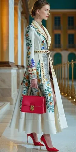 Fashion show ,a woman in white dress and coat carrying a red purse,marni,sobchak,galliano,escada,dior,prada,Photography,General,Realistic