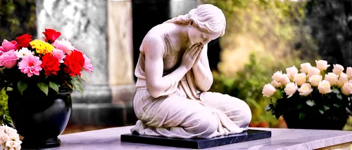 Memorial statue, solemn atmosphere, black granite base, white marble figure, male/female mourner, hands clasped in prayer, bowed head, subtle tears, intricate stone carvings, flowers at feet, soft foc