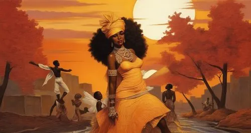 sunset in africa ,asherah,sekhmet,oshun,kemet,african woman,vodun,nephthys,orishas,afrofuturism,runequest,nubians,obatala,ninhursag,afar tribe,cahokia,hathor,auriongold,prophetess,umoja,warrior woman,