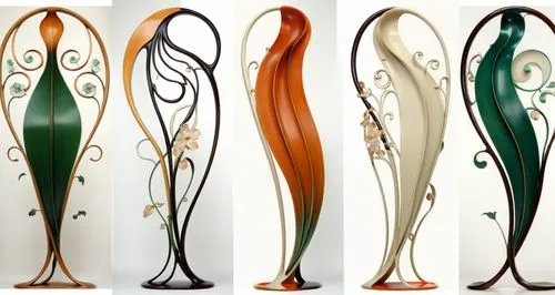 four abstract sculptures sitting in different positions,ornamental dividers,glasswares,shashed glass,art nouveau frames,glass decorations,wrought iron,Illustration,Retro,Retro 08