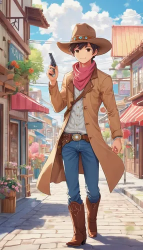 Mysterious cowboy arrives in a small town, hiding a dark secret.,cowboy,western,nikko,pilgrim,stylish boy,cowboy beans,akko,merchant,straw hat,anime japanese clothing,stetson,wild west,vendor,farmer,w