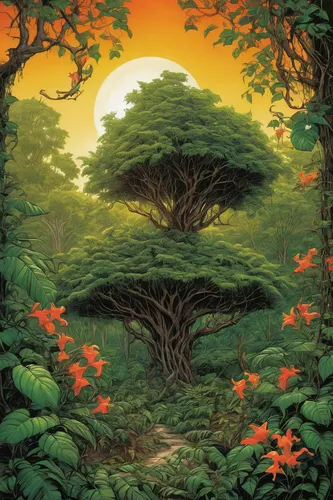 tree of life,flourishing tree,tropical tree,dragon tree,tree grove,forest tree,celtic tree,the japanese tree,mushroom landscape,tangerine tree,garden of eden,sacred fig,rosewood tree,magic tree,forest landscape,colorful tree of life,tropical bloom,bodhi tree,tree mushroom,ori-pei,Illustration,American Style,American Style 02