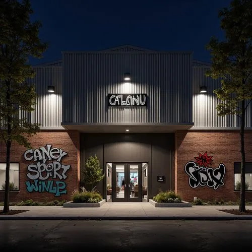 Industrial warehouse facade, exposed brick walls, metal cladding, corrugated roofing, large steel doors, minimalist signage, urban cityscape, gritty concrete textures, dramatic nighttime lighting, hig