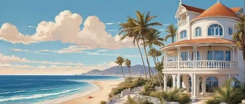 seaside resort,tropical house,beach house,beach resort,beachfront,seaside country,oceanfront,dreamhouse,holiday villa,bahamonde,waikiki,ocean view,dream beach,seaside view,beach hut,beachhouse,beach landscape,tropicale,paraiso,house of the sea,Illustration,Retro,Retro 08