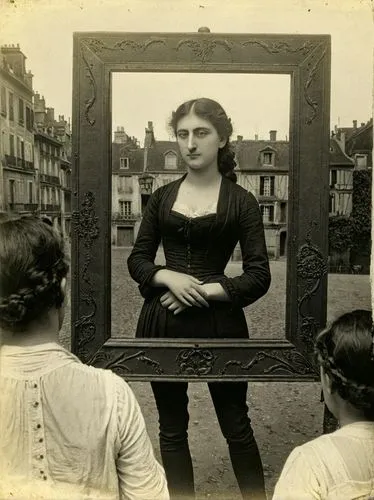 at random,the woman stands in front of a painting as three women look at it,art nouveau frame,holding a frame,ambrotype,vintage female portrait,collodion,art nouveau frames,Photography,Black and white