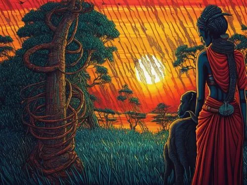 sunset at africa,kerala,masakayan,dhamma,navami,bhagavatam,baisakhi,vishwamitra,dhammakaya,indian art,kaliyuga,ramayanam,draupadi,parashuram,sadhus,mahabharat,mandodari,sanatana,indigenous painting,ar