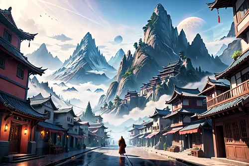 korean village snow,huashan,mountain village,world digital painting,yunnan,chinese background,alpine village,tibet,chinese clouds,huangshan maofeng,mountain settlement,south korea,mountain scene,chinese art,korean folk village,chinese temple,chinese architecture,fantasy landscape,mulan,tigers nest,Anime,Anime,General