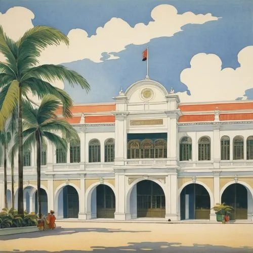 hotel nacional,facade painting,trinidad,federal palace,ceylon,kalakaua,presidential palace,tangalle,oranjestad,barbados,iolani,universitarios,chulalongkorn,amorsolo,colaba,calcutta,silliman,statehouses,hacienda,cabildos,Illustration,Retro,Retro 07