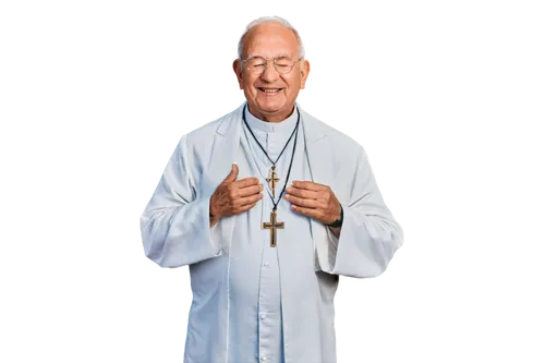 Catholic priest, holding rosary, white robe, golden cross, gentle smile, wise eyes, wrinkled hands, praying, soft lighting, warm color tone, shallow depth of field, 3/4 composition, cinematic lighting