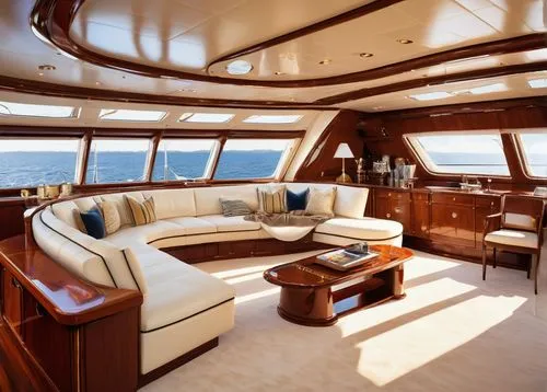 Luxurious sailing yacht, modern interior design, wooden deck, cream-colored leather sofa, marble coffee table, porthole window, soft golden lighting, captain's chair, navigation system, steering wheel