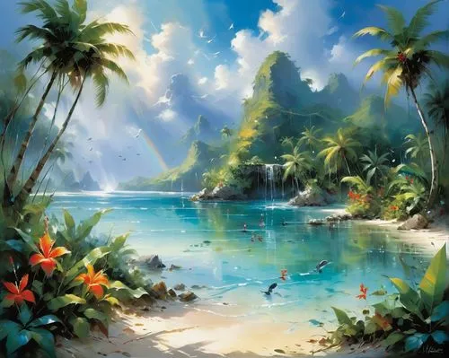 tropical sea,beach landscape,tropical beach,tropical island,coastal landscape,ocean paradise,tahiti,caribbean beach,an island far away landscape,dream beach,landscape background,paradise beach,sea landscape,watercolor palm trees,underwater oasis,sub-tropical,beach scenery,palmtrees,mountain beach,tropical jungle,Conceptual Art,Oil color,Oil Color 03