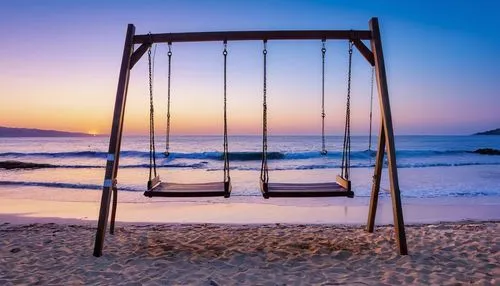 arafed swing on a beach at dusk with a view of the ocean, serene evening atmosphere, swings, night setting, dusk setting, at sunrise, peaceful ambience, blue hour, quiet and serene atmosphere, mystica