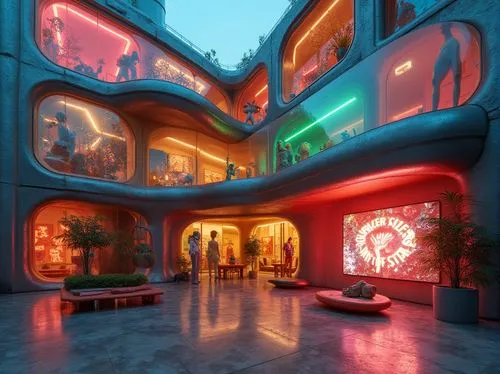 futuristic art museum,3d fantasy,3d render,spaceship interior,nightclub,lucasarts,cantina,rosa cantina,graecorum,lair,coruscant,art gallery,movie theater,arcades,3d rendering,lobby,aquarium,dojo,emporium,hall of the fallen,Photography,General,Realistic