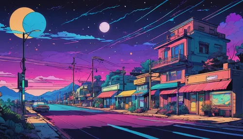 colorful city,retro background,fantasy city,futuristic landscape,dusk background,dream world,cartoon video game background,music background,alien planet,would a background,retro styled,80's design,gas planet,night scene,aurora village,musical background,neon arrows,street lights,backgrounds,neighborhood,Illustration,Japanese style,Japanese Style 06