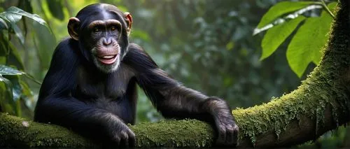 Smiling chimpanzee, young adult, bright eyes, shiny fur, relaxed posture, leaning on tree trunk, jungle environment, exotic plants, vines, misty atmosphere, warm lighting, shallow depth of field, play