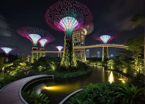 garden by the bay,gardens by the bay,singapore,dubai garden glow,singapore landmark,singapura,cyberjaya,futuristic landscape,flower dome,skyflower,3d rendering,changi,skypark,marina bay sands,dubay,klcc,arcology,night view of red rose,virtual landscape,biopiracy,Illustration,Abstract Fantasy,Abstract Fantasy 03