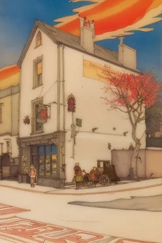 Beautiful romantic oil painting by Edmund Dulac, high contrast striking image, dynamic volumetric lighting, epic sunset,watercolor tea shop,watercolor cafe,izakaya,pub,studio ghibli,bistro,japanese re