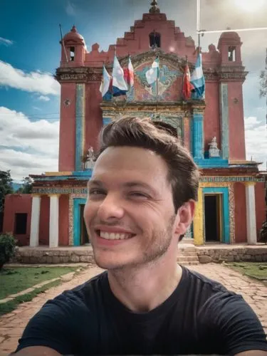 Argentina temple rural village. Selfie.  ,a man standing in front of a colorful building,cuba background,costa rican colon,iguacu,mex,djerma,petercam