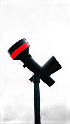 Tornado warning siren, loud piercing sound, metal structure, flashing red lights, rotating blades, dark stormy sky, ominous clouds, strong wind blowing, debris scattered around, abandoned street, deso