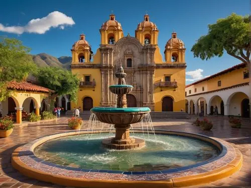 Oaxacan architecture, colorful colonial-style buildings, vibrant tile roofs, ornate wooden doors, intricate stone carvings, lush greenery surrounding, lively town square, festive atmosphere, warm afte