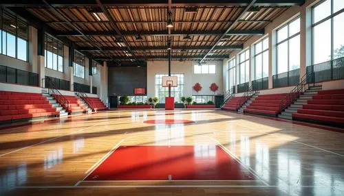 Vibrant gymnasium interior, polished wooden floors, basketball hoops, athletic equipment, bleacher seats, modern architecture, large windows, natural light, sunny day, soft warm lighting, shallow dept