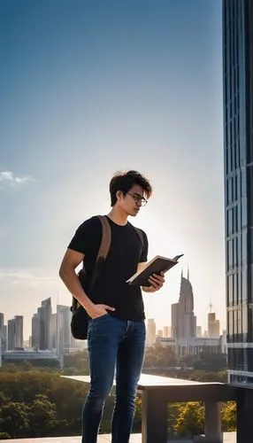 Male, young adult, architectural design undergraduate, casual wear, black framed glasses, messy brown hair, holding a large sketchbook, wearing a plain white T-shirt, dark blue jeans, sneakers, standi