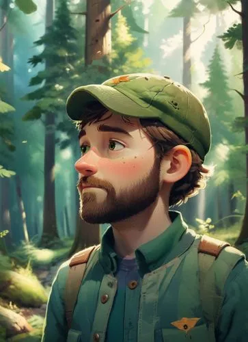 a 50 years old man walking in forester clothing, wearing a cap in a mountain forest. Full body,a man in a hat standing in a forest,kovic,forest man,woodsman,mcartor,lumberman,scoutmaster,Illustration,