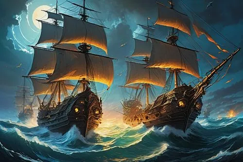 galleon,caravel,maelstrom,fireships,sailing ships,sea sailing ship,Illustration,Realistic Fantasy,Realistic Fantasy 03