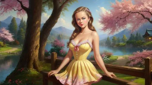 Romantic masterpiece oil painting, cute girl portrait, bare legs short skirt, nostalgic 1950's style kitsch, beautiful exotic landscape, Japanese cherry blossom park scenery, Japanese sakura, by Thoma