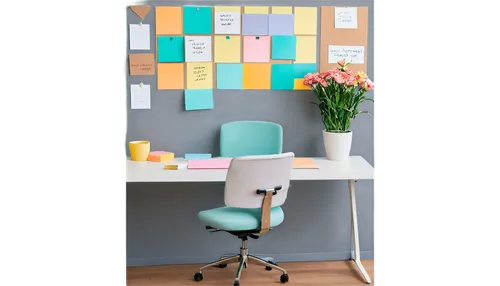 Vision board, colorful sticky notes, inspirational quotes, beautiful flowers, pastel-colored papers, creative workspace, modern desk, ergonomic chair, natural light, minimalistic background, soft focu