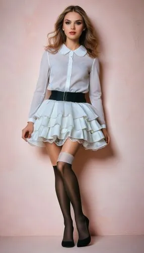 photo model in stockings and a white pleated dress,a woman posing for the camera while wearing a white dress,doll dress,petticoat,white skirt,hadise