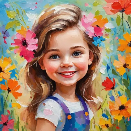 girl in flowers,flower painting,child portrait,girl portrait,beautiful girl with flowers,young girl,oil painting on canvas,oil painting,girl picking flowers,a girl's smile,art painting,flower girl,portrait of a girl,girl in the garden,little girl in wind,flower art,girl in a wreath,girl drawing,colorful daisy,little girl,Conceptual Art,Oil color,Oil Color 22