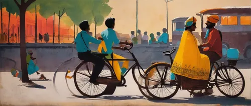 rickshaw,woman bicycle,pedicab,indian art,bicycles,oil painting on canvas,bicycle ride,blue pushcart,bicycle,cyclists,bicycling,bangladesh,oil painting,street scene,city bike,india,lahore,cyclist,becak,man with umbrella,Unique,3D,Toy