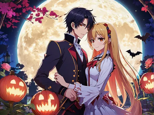 Create a romantic moment between Chica, the vampire girl, and a mortal guy in a moonlit garden.,halloween wallpaper,halloween background,halloween poster,halloween banner,halloween illustration,hallow