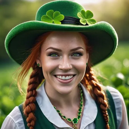 CUERPO ENTERO foto cinematográfica gran sonrisa mujer duende, Bizco, sombrero amartillado, tréboles, raining tréboles, pendientes de trébol, chaleco con estampado de tréboles, colgante de trébol, boto