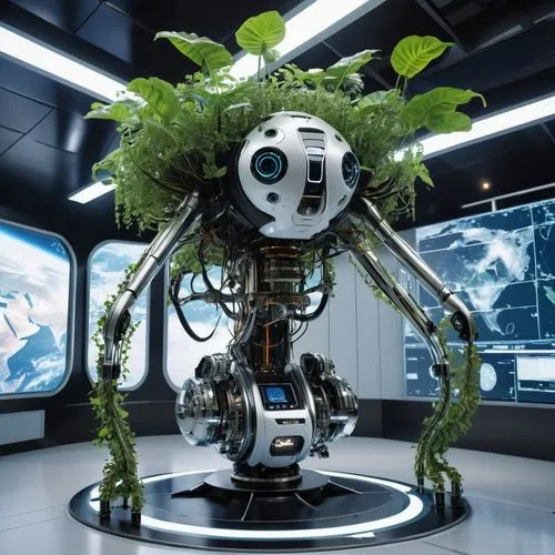 Photorealistic lifelike 4K.  A strange non-terrestrial species of sentient highly intelligent plants with prehensile vines and tendrils wearing complex and detailed friendly looking high-tech futurist