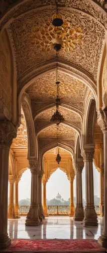 Baroque architecture, Lucknow, India, intricately carved white marble, ornate columns, grand entrance, arches, domes, intricate stone inlays, vibrant colors, majestic chandeliers, lavish furnishings, 