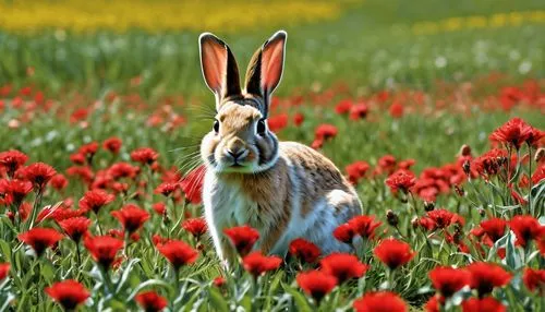 ((best quality)), ((masterpiece)), (detailed), intricate art, a little rabbit, open field, red flowers,  distant vision, detailed painting style, Abstract, Vincent van Gogh,bunny on flower,european ra