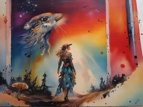 shamanism,shamanic,indigenous painting,the wanderer,fae,fantasy art,astral traveler,howl,nebula guardian,howling wolf,boho art,wanderer,amano,pachamama,khokhloma painting,fantasy picture,traveller,sci