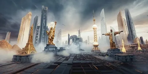 an artistic image of city buildings and statues,gallifrey,tirith,asgard,imperialis,coruscant,battlefleet