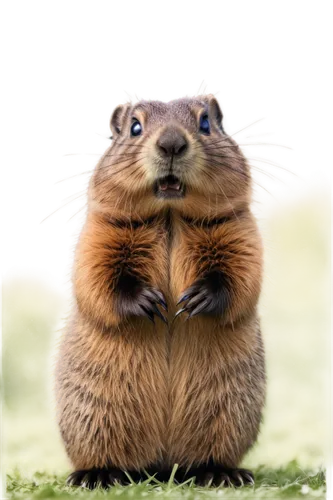 Groundhog, wild animal, furry, brown fur, whiskers, cute face, big eyes, standing upright, front paws together, green grass, sunny day, warm lighting, shallow depth of field, 3/4 composition, soft foc