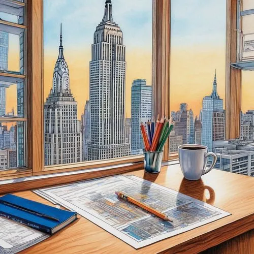 Modern architecture magazine, USA edition, wooden desk, scattered papers, architectural models, blueprints, coffee cup, silver pen, American flag, New York cityscape, skyscraper background, morning li