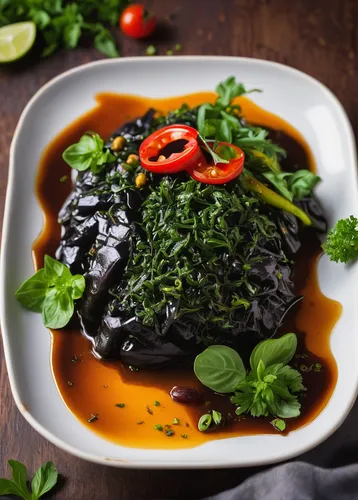 Create a lighthearted recipe for a delicious dish using vegetable bile as a secret ingredient.,dinuguan,black rice,jajangmyeon,mole sauce,stir-fried morning glory,mongolian beef,espagnole sauce,hoisin