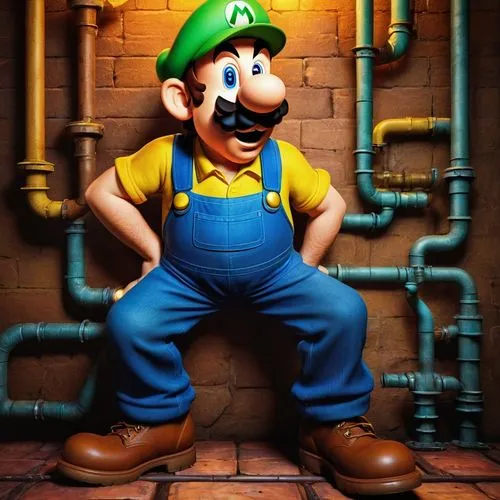 Realistic Luigi, mustache, green cap, blue overalls, yellow shirt, brown shoes, slender figure, comical expression, surprised face, hands on hips, standing, pipes, mushroom kingdom, bright colors, det