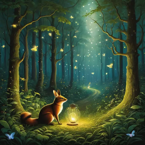 fireflies,fairy forest,fairy lanterns,little fox,lantern,fantasy picture,woodland animals,garden-fox tail,forest of dreams,a fox,fox,enchanted forest,forest animals,forest background,fox and hare,lanterns,night scene,illuminated lantern,children's fairy tale,hare trail,Art,Classical Oil Painting,Classical Oil Painting 38