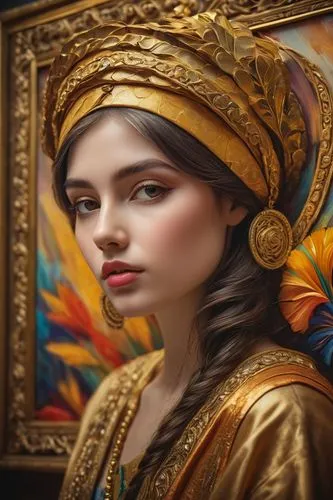 ancient egyptian girl,iconographer,sephardic,fantasy portrait,godward,theodora,bohemian art,sheherazade,fantasy art,nefertiti,orientalist,cleopatra,thyatira,damascene,meticulous painting,persia,antiquariat,majevica,mythographer,mystical portrait of a girl,Art,Artistic Painting,Artistic Painting 35