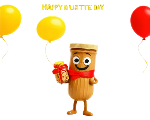 Greeting card, National Peanut Butter Day, colorful background, cartoon style, cheerful atmosphere, smiling peanut character, holding a jar of creamy peanut butter, yellow and red balloons, confetti, 