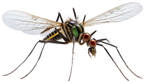 Mosquito, microscopic view, compound eyes, thin wings, long proboscis, delicate legs, metallic exoskeleton, shiny surface, high magnification, shallow depth of field, bright lighting, dark background,