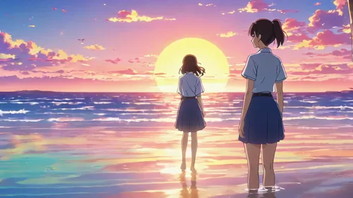 the horizon,sun and sea,the endless sea,couple silhouette,romantic scene,summer sky,beautiful moment,loving couple sunrise,love background,sea ocean,blue sea,by the sea,world end,dream beach,setting sun,open sea,walk on the beach,beach background,anime 3d,beach walk,Illustration,Japanese style,Japanese Style 03