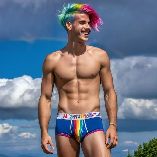 speedos,julian star,rainbow unicorn,bogoljubow,austin stirling,rainbow background,Photography,General,Realistic